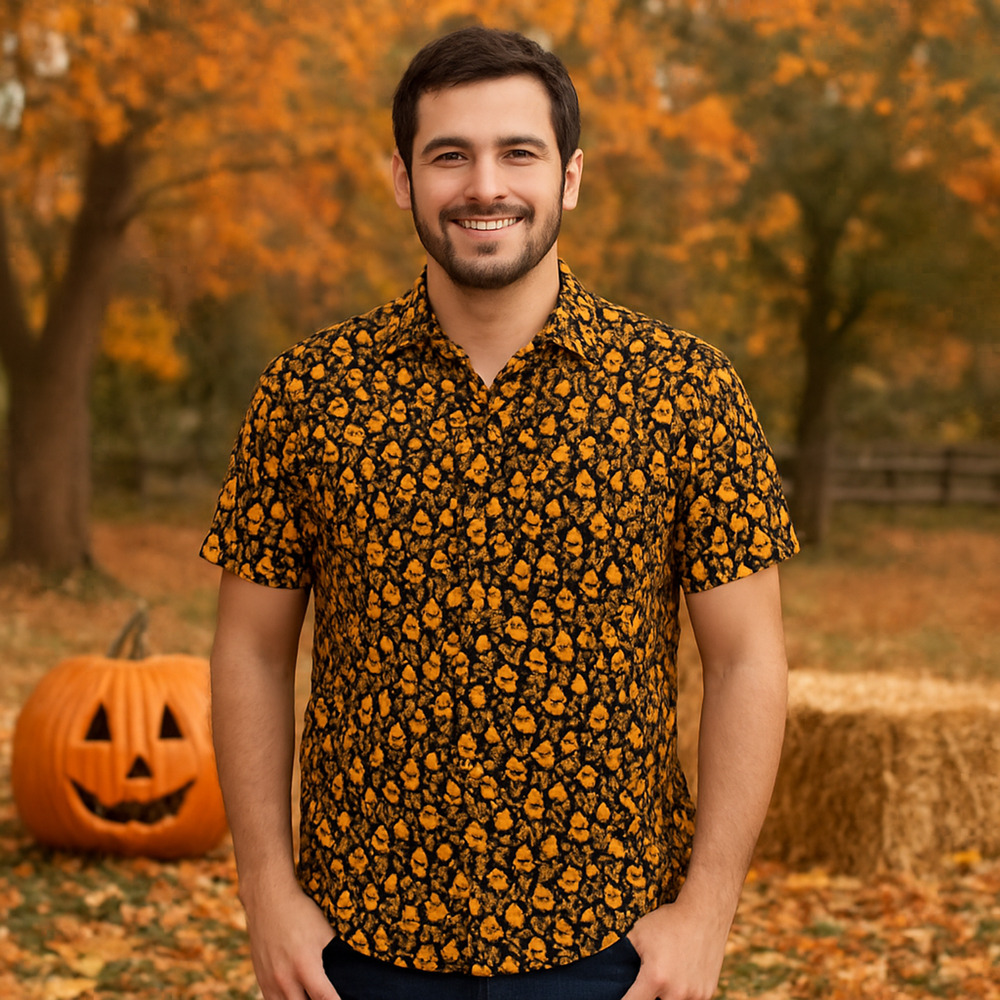 Monument Button Up Shirt Large Halloween Ghost Skull Fall Short Sleeve Orange